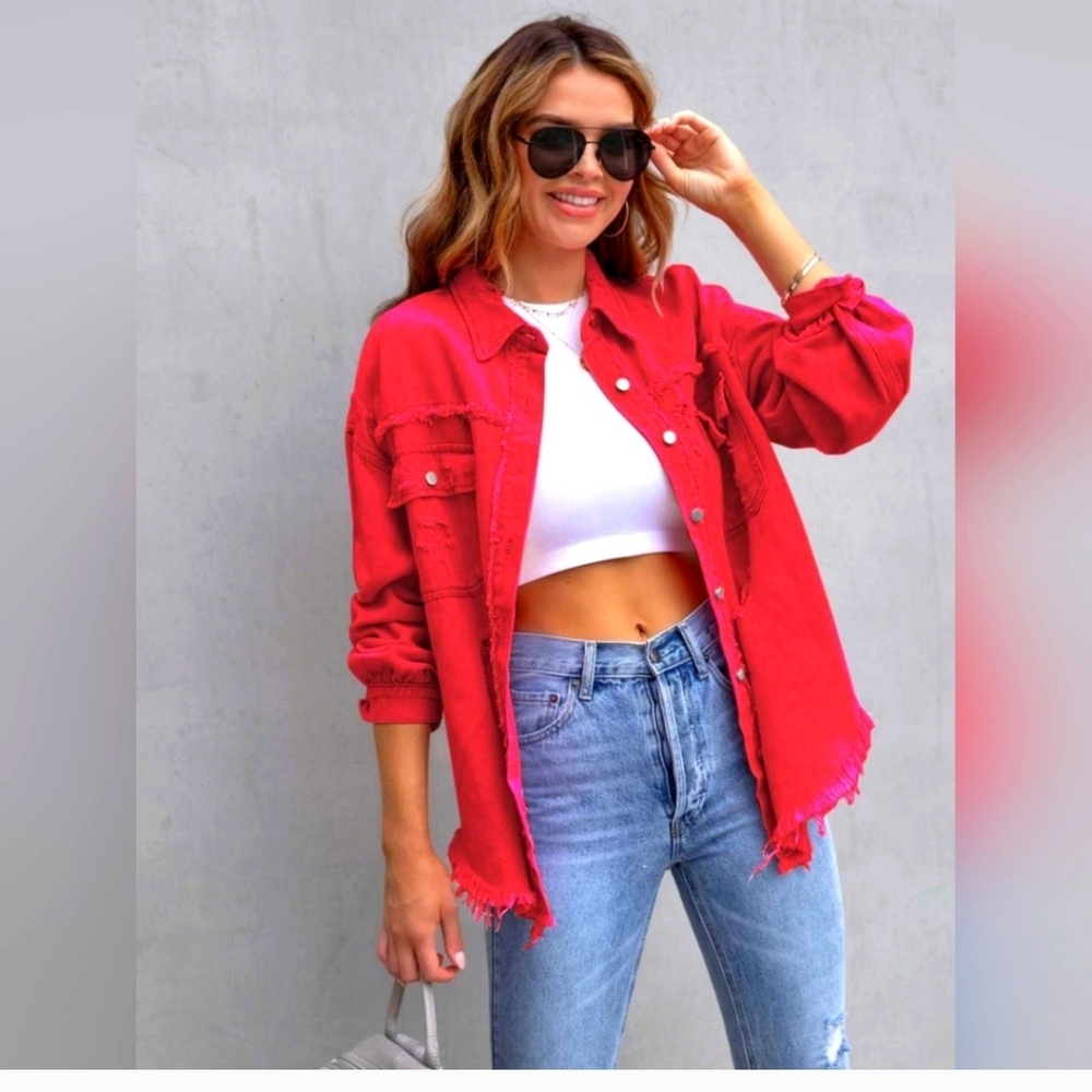 Women's Deep Red Distressed Drop Shoulder Denim Jacket NWOT